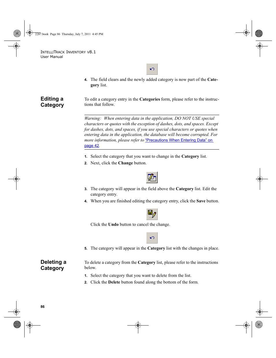 Editing a category, Deleting a category, Editing a category deleting a category | IntelliTrack Inventory Management User Manual | Page 112 / 366