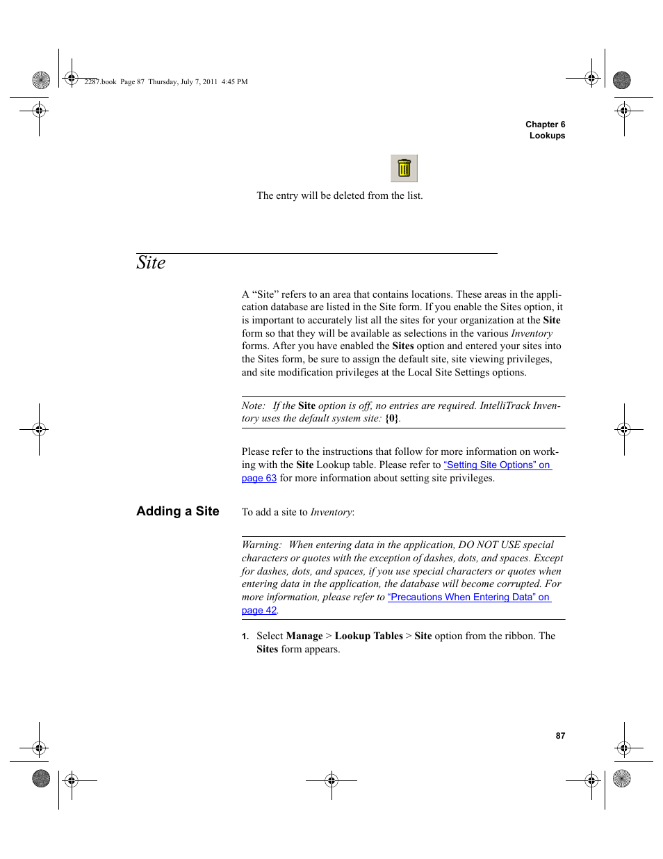 Site, Adding a site | IntelliTrack Inventory Management User Manual | Page 113 / 366