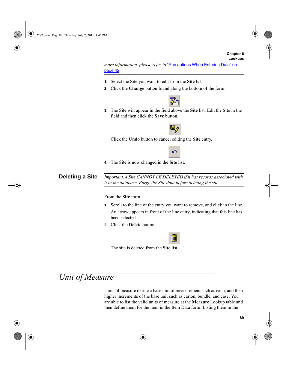 Deleting a site, Unit of measure | IntelliTrack Inventory Management User Manual | Page 115 / 366