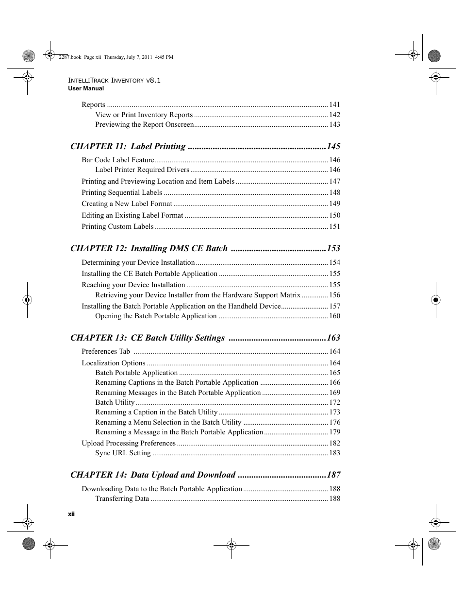 Chapter 11: label printing, Chapter 12: installing dms ce batch, Chapter 13: ce batch utility settings | Chapter 14: data upload and download | IntelliTrack Inventory Management User Manual | Page 12 / 366