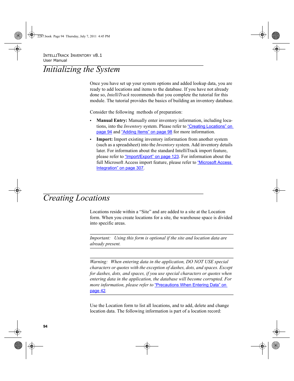 Initializing the system, Creating locations, Initializing the system creating locations | IntelliTrack Inventory Management User Manual | Page 120 / 366
