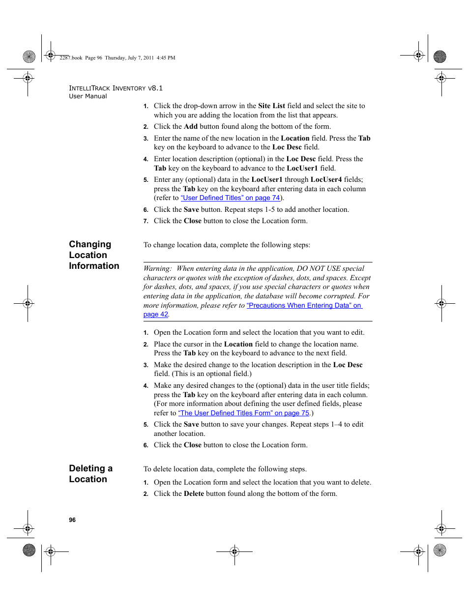 Changing location information, Deleting a location, Changing location information deleting a location | IntelliTrack Inventory Management User Manual | Page 122 / 366