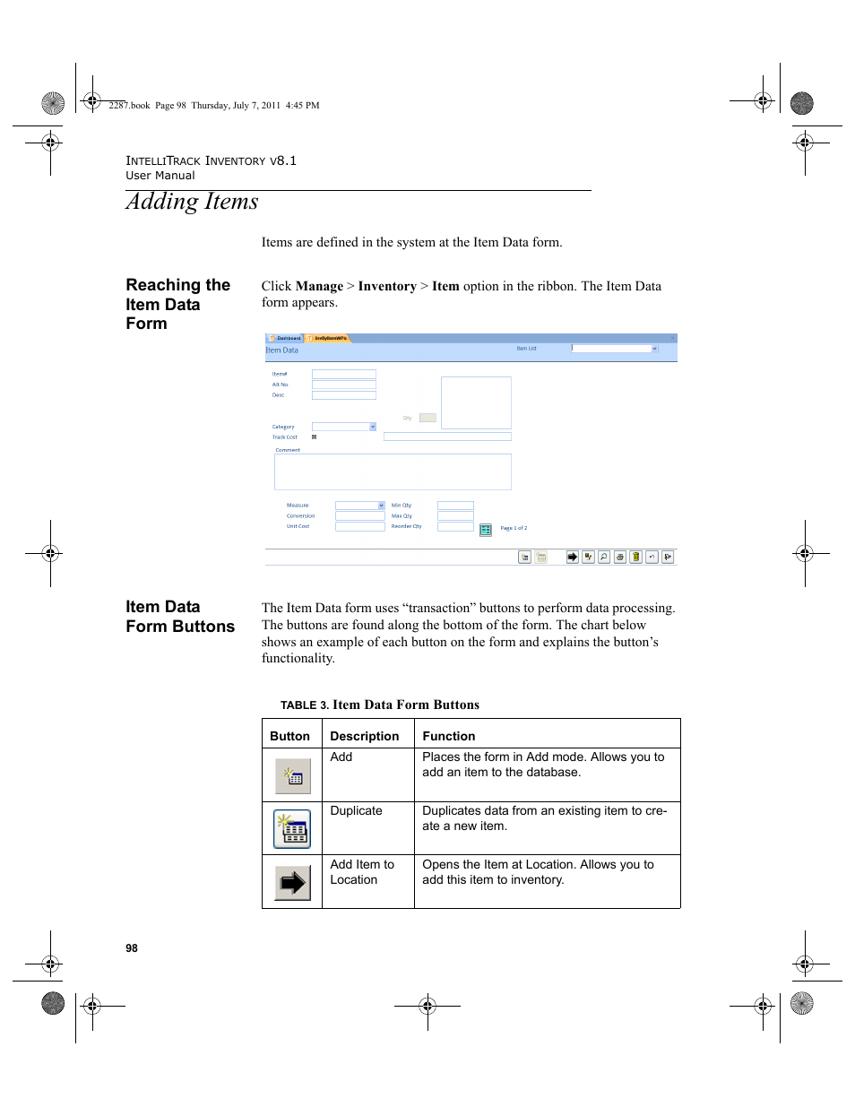 Adding items, Reaching the item data form, Item data form buttons | Reaching the item data form item data form buttons | IntelliTrack Inventory Management User Manual | Page 124 / 366