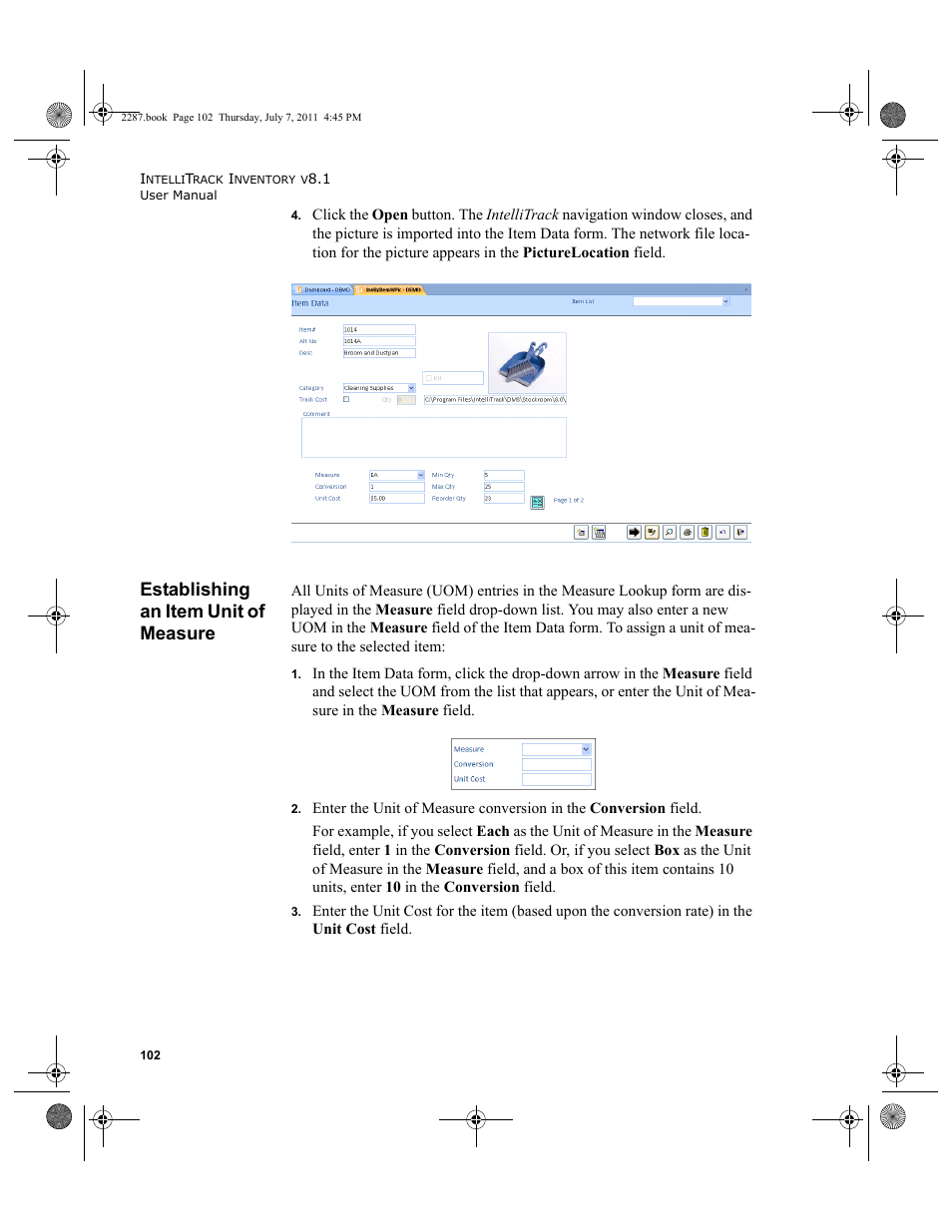 Establishing an item unit of measure | IntelliTrack Inventory Management User Manual | Page 128 / 366