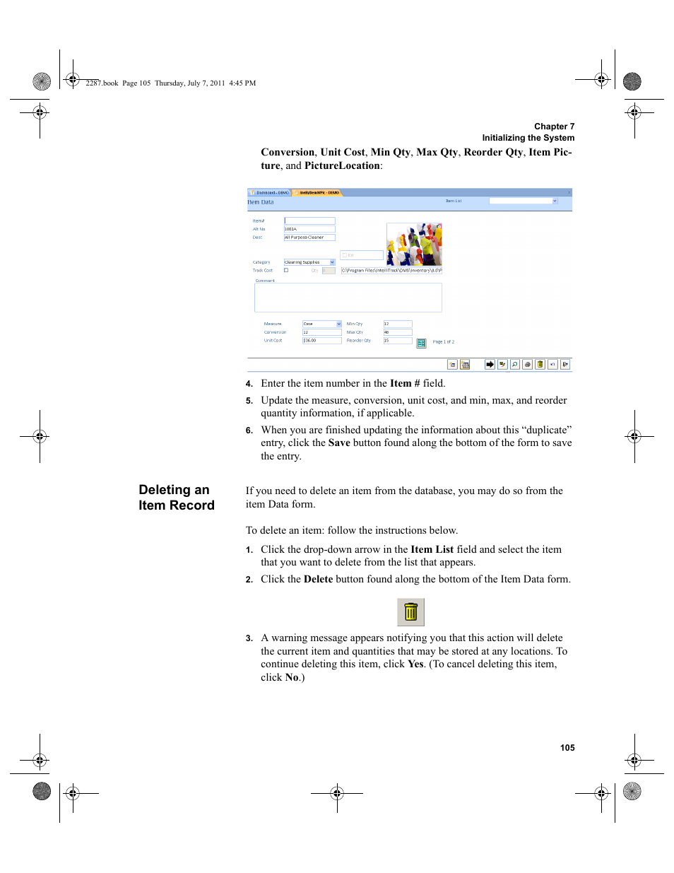 Deleting an item record | IntelliTrack Inventory Management User Manual | Page 131 / 366