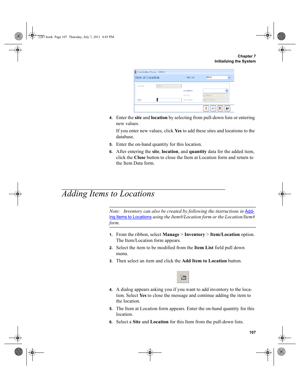 Adding items to locations | IntelliTrack Inventory Management User Manual | Page 133 / 366