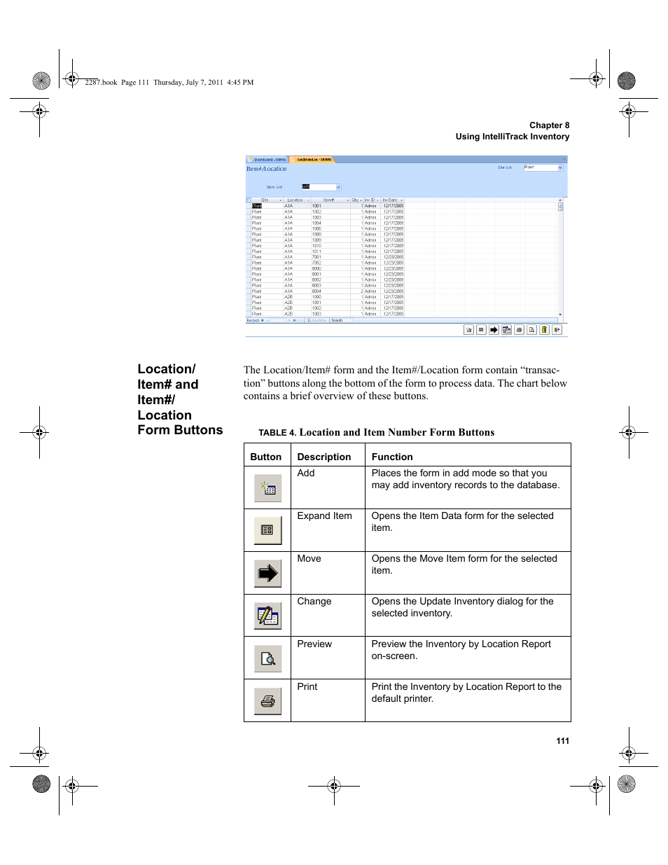 Location/ item# and item#/ location form buttons, Location/item# and item#/location form buttons | IntelliTrack Inventory Management User Manual | Page 137 / 366