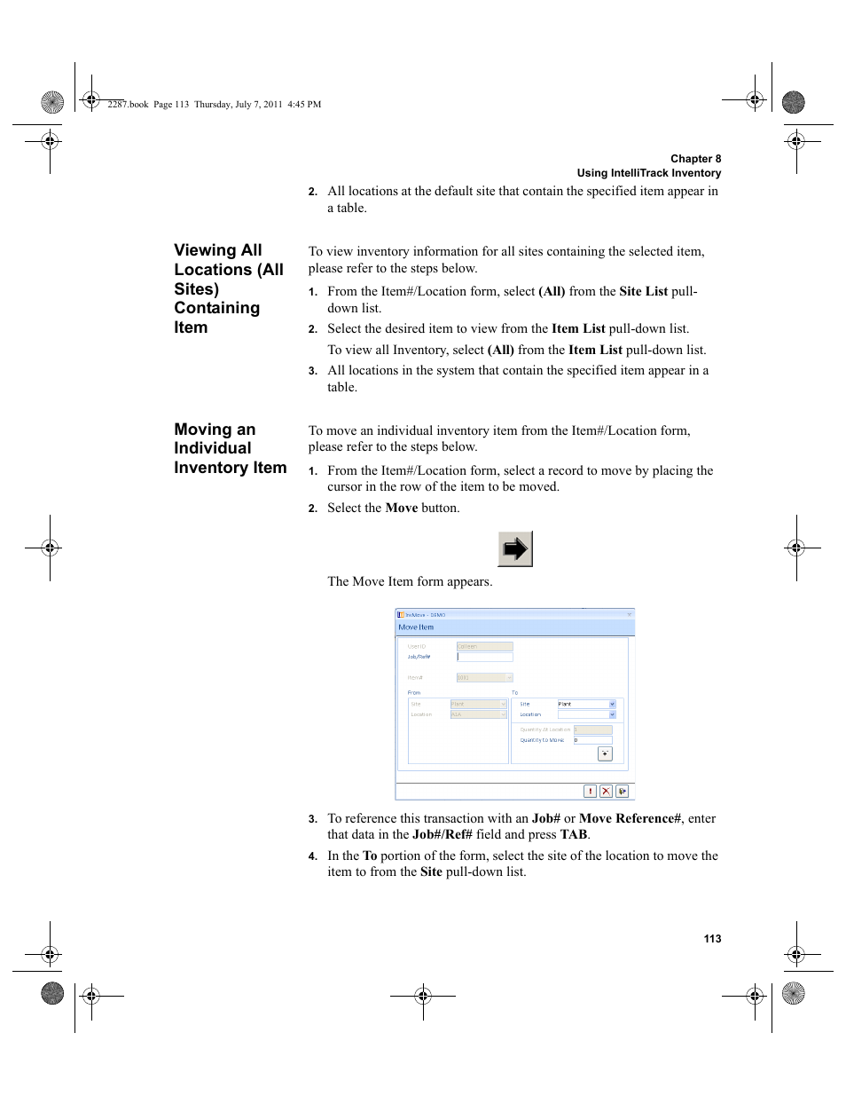 Viewing all locations (all sites) containing item, Moving an individual inventory item | IntelliTrack Inventory Management User Manual | Page 139 / 366