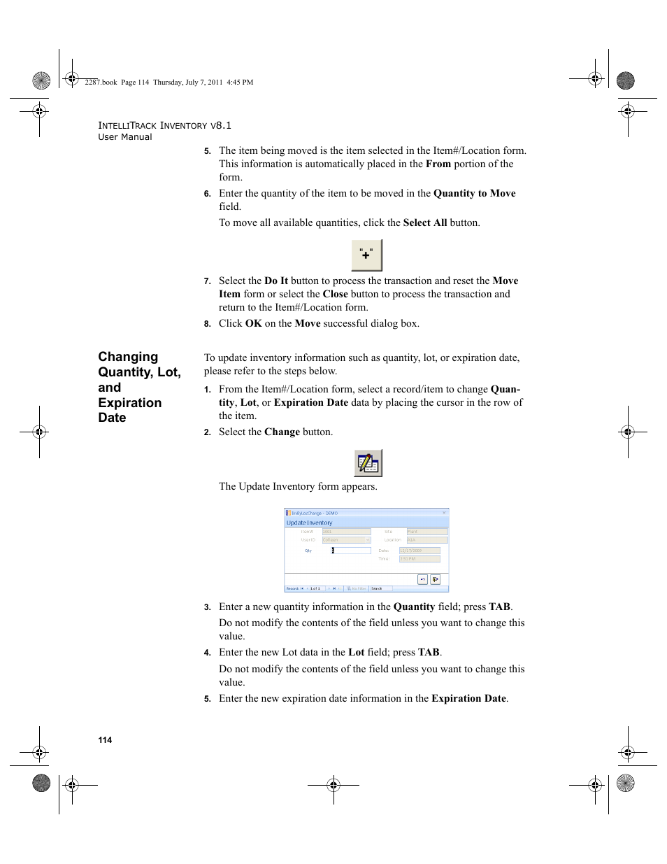 Changing quantity, lot, and expiration date | IntelliTrack Inventory Management User Manual | Page 140 / 366