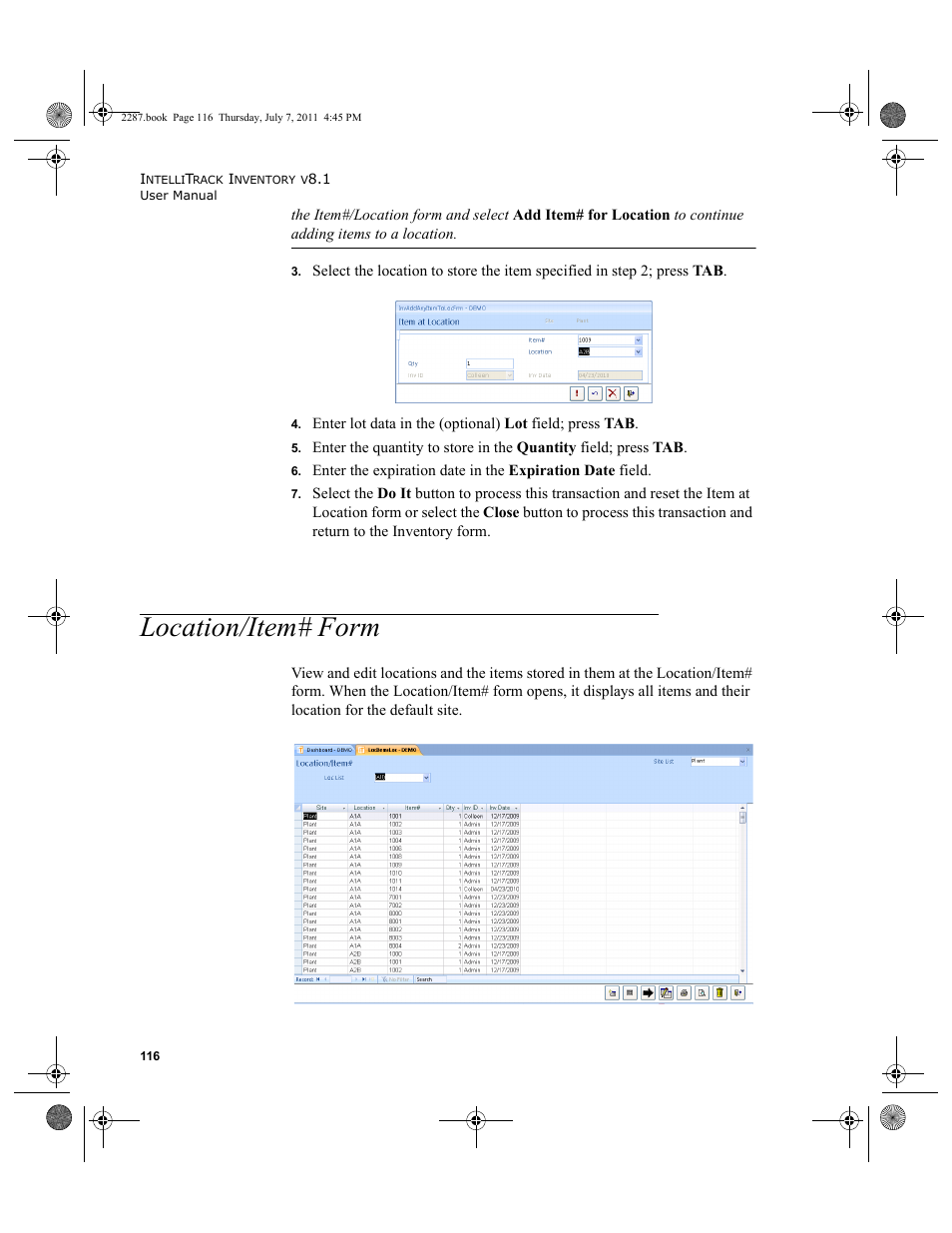 Location/item# form | IntelliTrack Inventory Management User Manual | Page 142 / 366