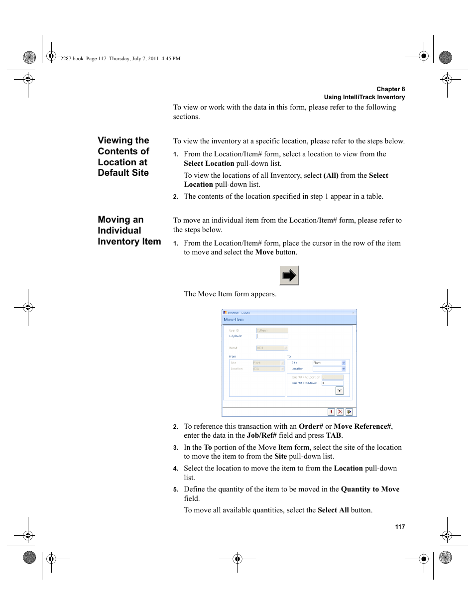 Viewing the contents of location at default site, Moving an individual inventory item | IntelliTrack Inventory Management User Manual | Page 143 / 366