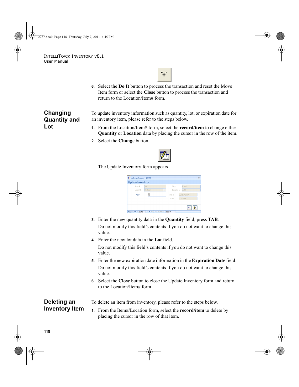Changing quantity and lot, Deleting an inventory item | IntelliTrack Inventory Management User Manual | Page 144 / 366