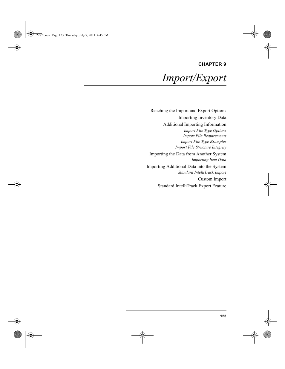 Chapter 9, Import/export, Chapter 9: import/export | R to | IntelliTrack Inventory Management User Manual | Page 149 / 366