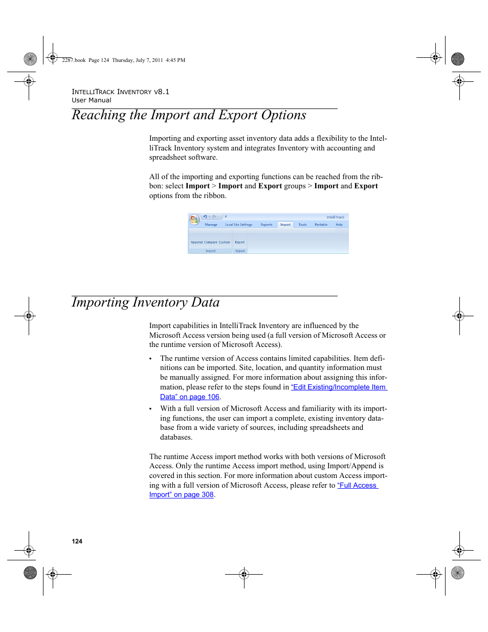 Reaching the import and export options, Importing inventory data | IntelliTrack Inventory Management User Manual | Page 150 / 366