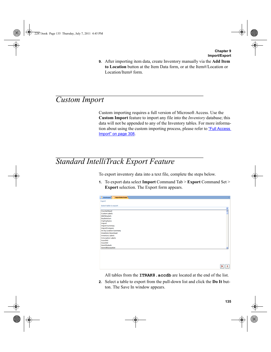 Custom import, Standard intellitrack export feature, Custom import standard intellitrack export feature | IntelliTrack Inventory Management User Manual | Page 161 / 366