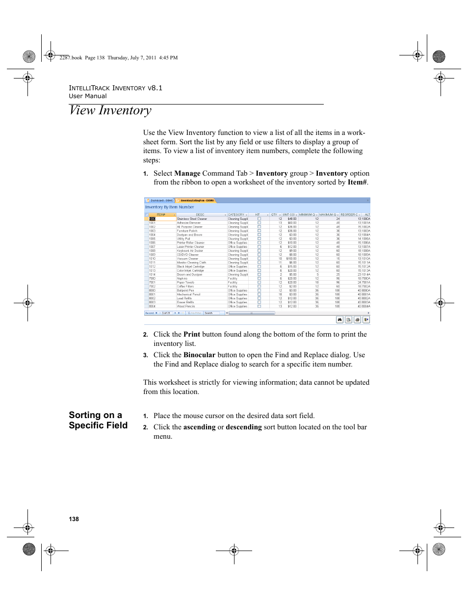 View inventory, Sorting on a specific field | IntelliTrack Inventory Management User Manual | Page 164 / 366