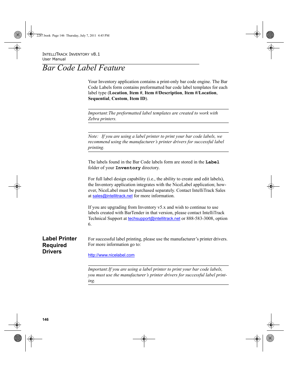 Bar code label feature, Label printer required drivers | IntelliTrack Inventory Management User Manual | Page 172 / 366