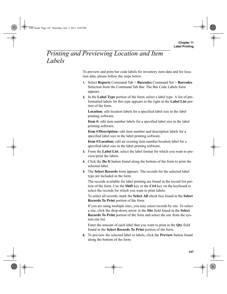 Printing and previewing location and item labels | IntelliTrack Inventory Management User Manual | Page 173 / 366