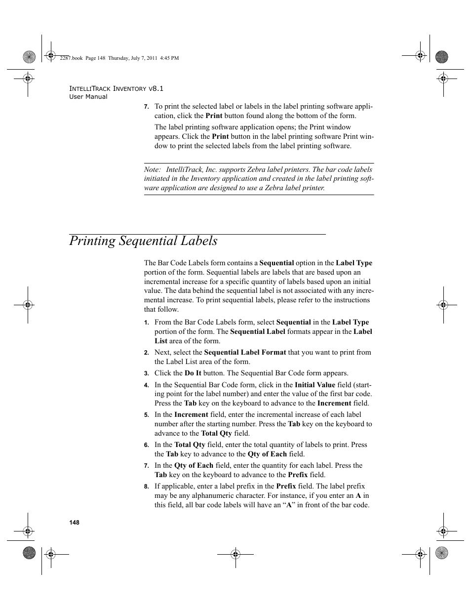 Printing sequential labels | IntelliTrack Inventory Management User Manual | Page 174 / 366
