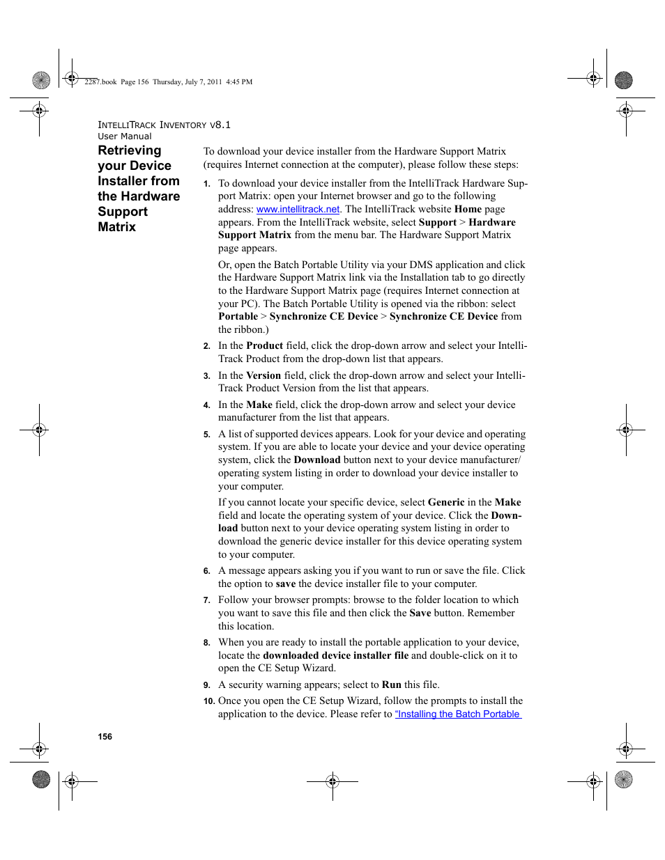 Retrieving your device installer from the hardware, Support matrix, Sections | Retriev | IntelliTrack Inventory Management User Manual | Page 182 / 366