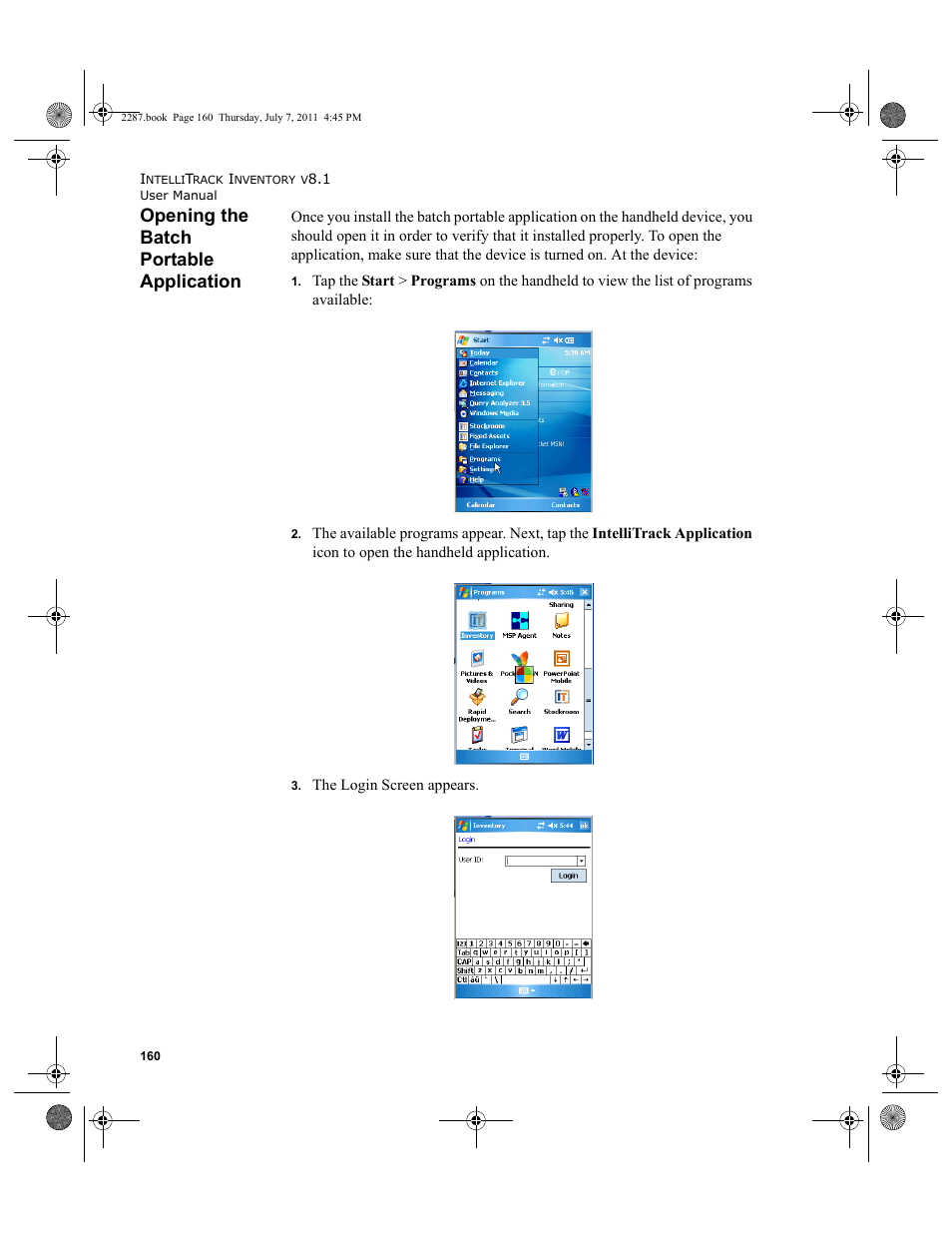 Opening the batch portable application | IntelliTrack Inventory Management User Manual | Page 186 / 366