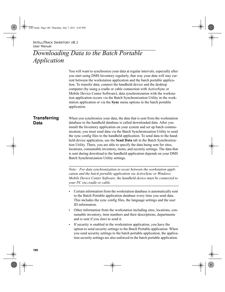 Downloading data to the batch portable application, Transferring data | IntelliTrack Inventory Management User Manual | Page 214 / 366