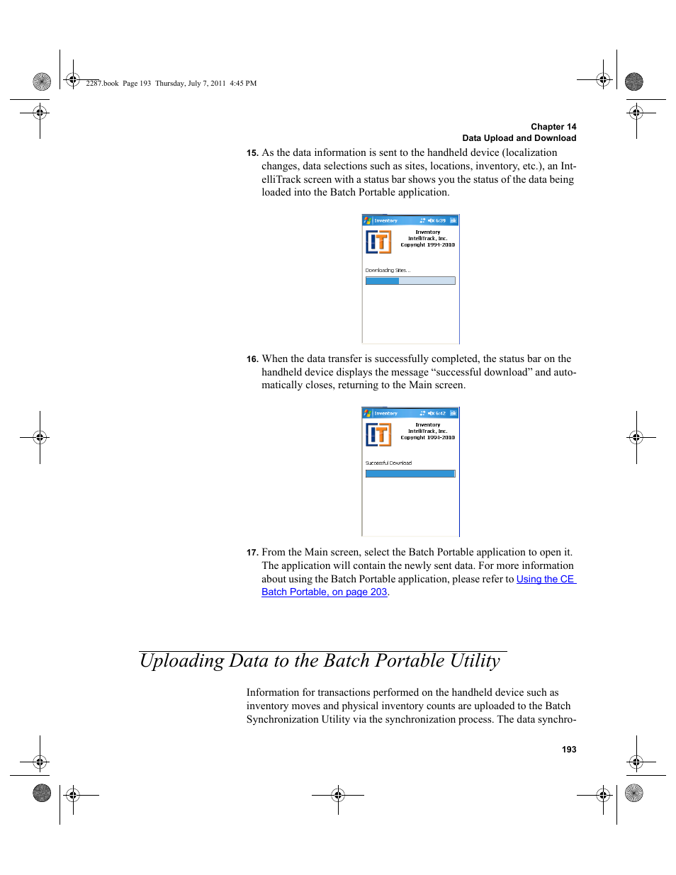Uploading data to the batch portable utility | IntelliTrack Inventory Management User Manual | Page 219 / 366