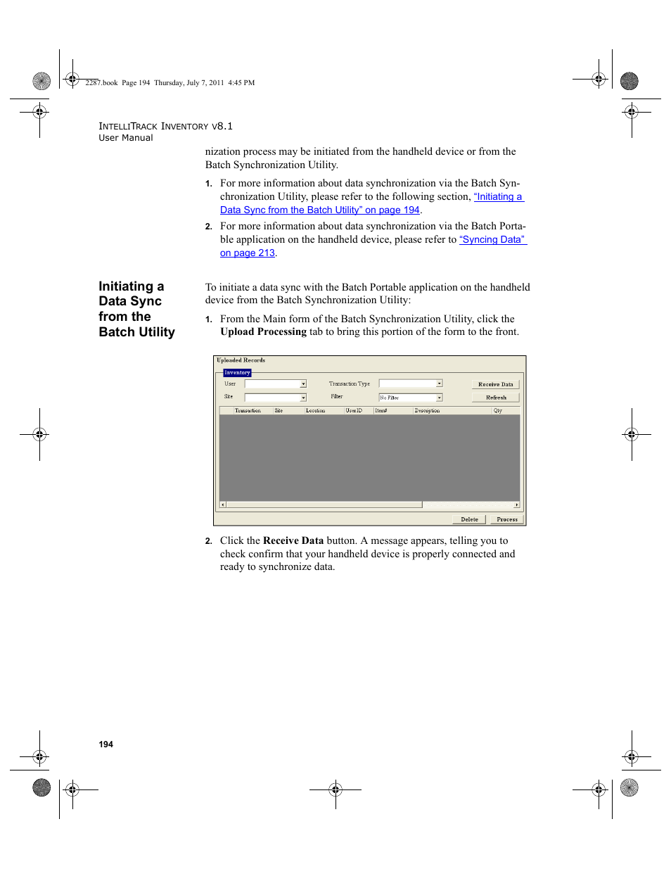 Initiating a data sync from the batch utility | IntelliTrack Inventory Management User Manual | Page 220 / 366