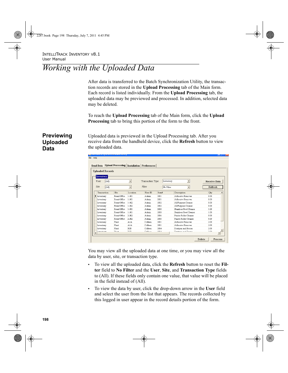 Working with the uploaded data, Previewing uploaded data | IntelliTrack Inventory Management User Manual | Page 224 / 366
