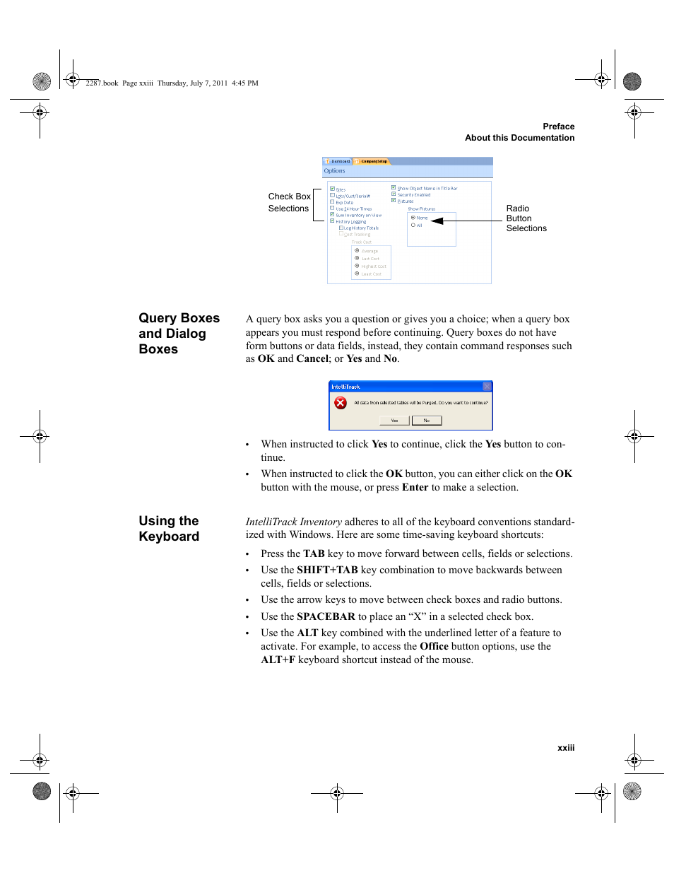 Query boxes and dialog boxes, Using the keyboard | IntelliTrack Inventory Management User Manual | Page 23 / 366