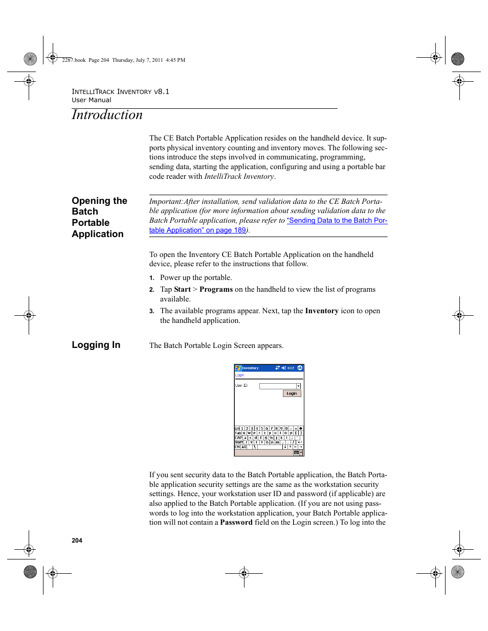 Introduction, Opening the batch portable application, Logging in | Opening the batch portable application logging in | IntelliTrack Inventory Management User Manual | Page 230 / 366