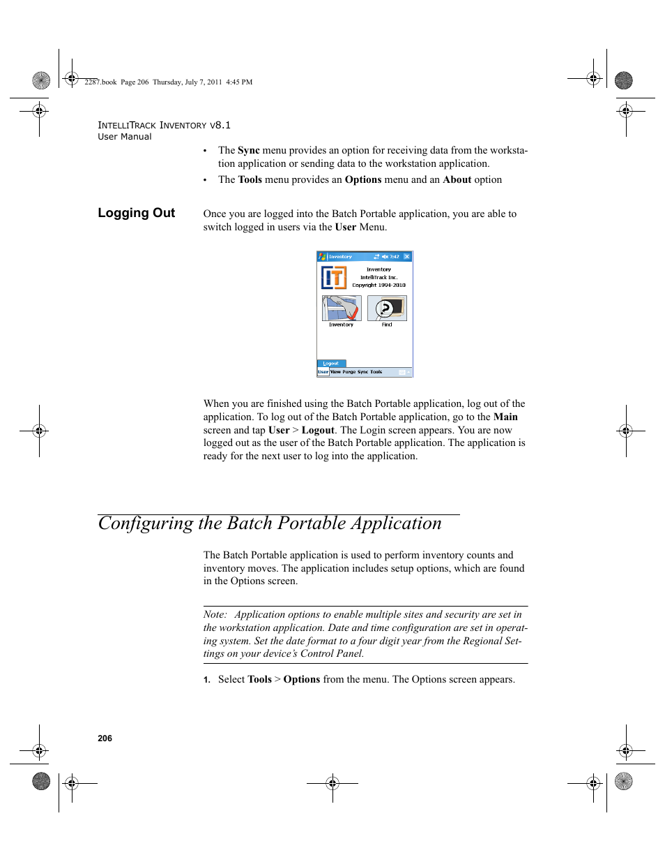 Logging out, Configuring the batch portable application | IntelliTrack Inventory Management User Manual | Page 232 / 366