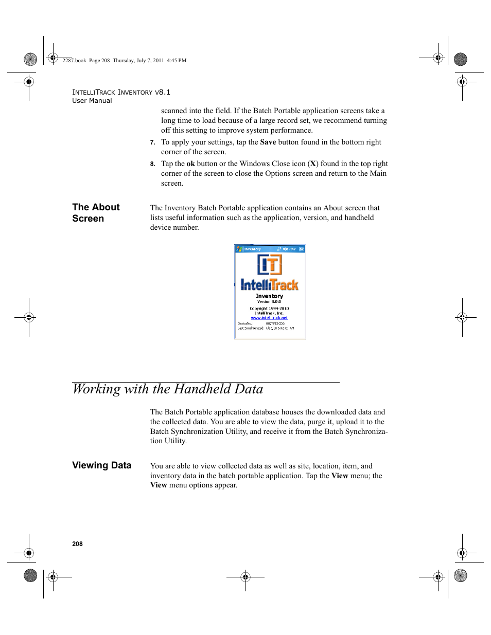 The about screen, Working with the handheld data, Viewing data | IntelliTrack Inventory Management User Manual | Page 234 / 366
