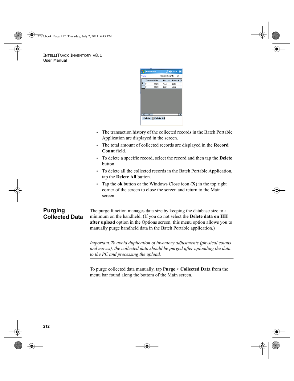 Purging collected data | IntelliTrack Inventory Management User Manual | Page 238 / 366