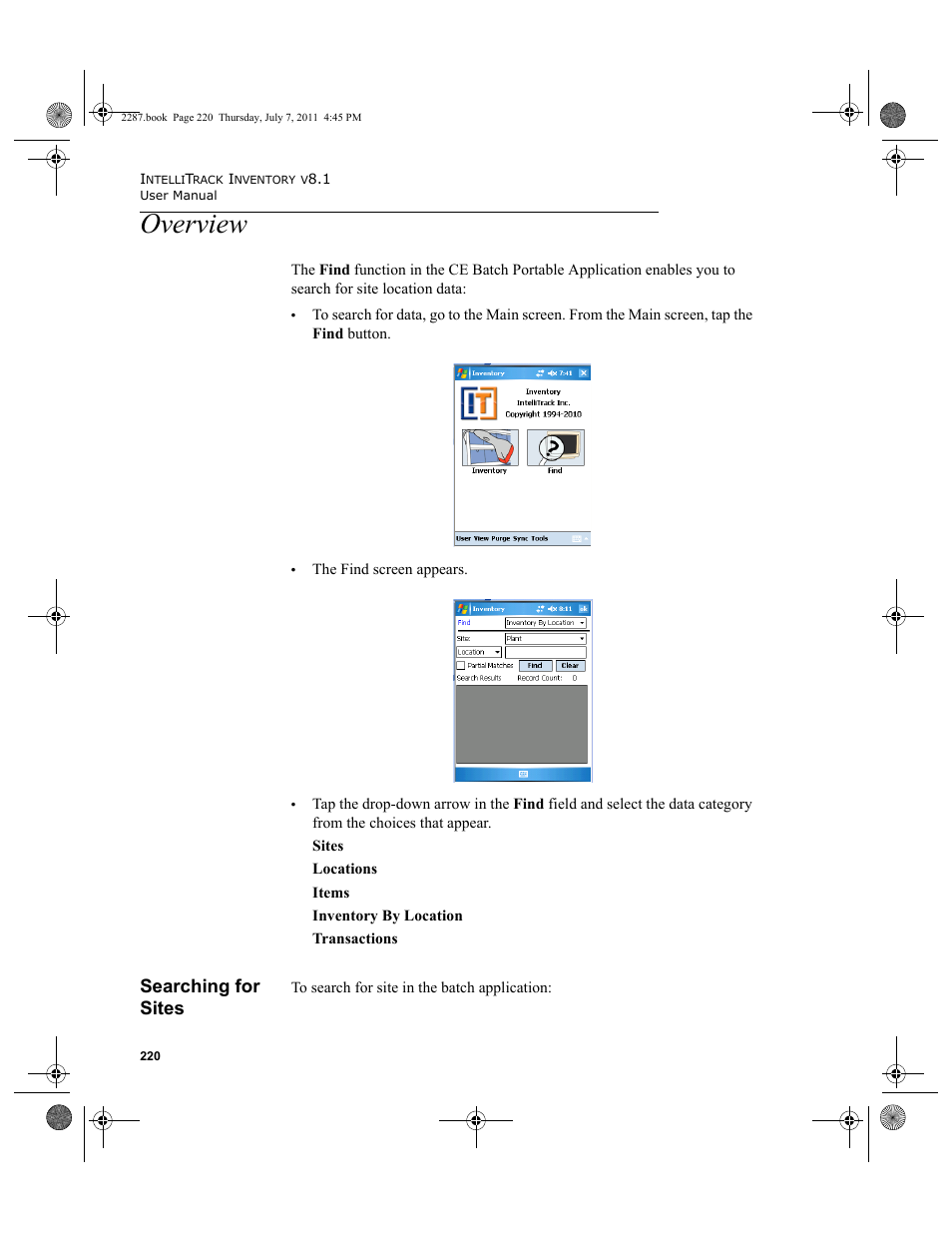 Overview, Searching for sites | IntelliTrack Inventory Management User Manual | Page 246 / 366