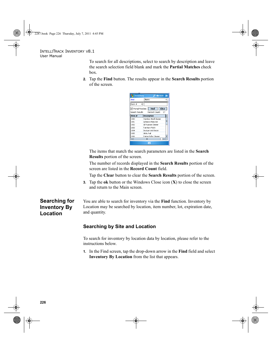 Searching for inventory by location, Searching by site and location | IntelliTrack Inventory Management User Manual | Page 252 / 366