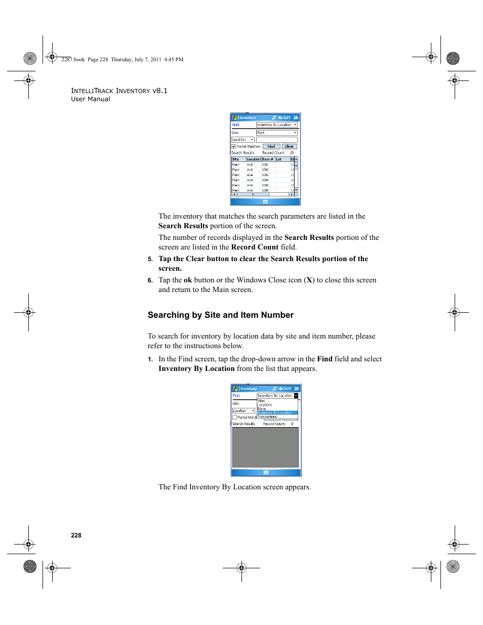 Searching by site and item number | IntelliTrack Inventory Management User Manual | Page 254 / 366
