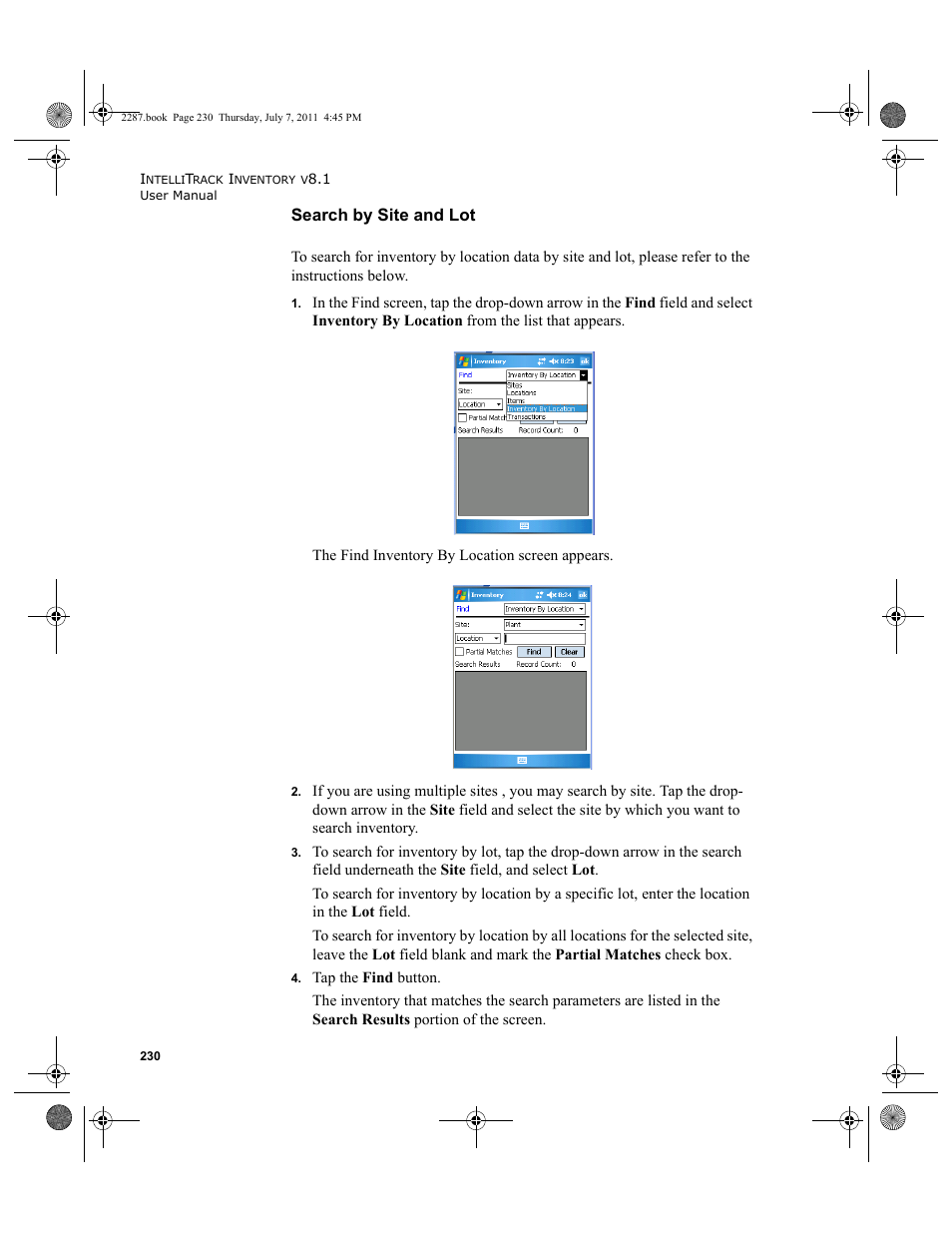 Search by site and lot | IntelliTrack Inventory Management User Manual | Page 256 / 366