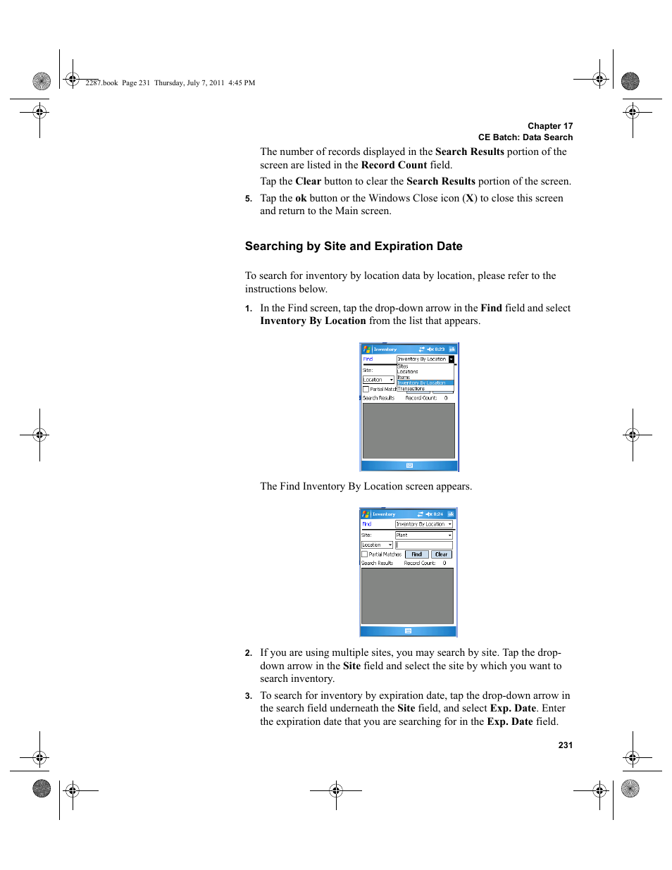 Searching by site and expiration date | IntelliTrack Inventory Management User Manual | Page 257 / 366