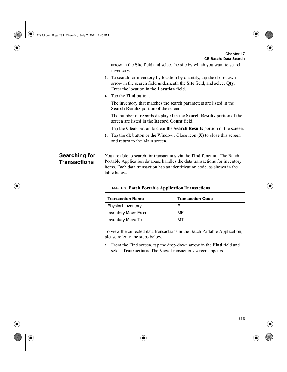 Searching for transactions | IntelliTrack Inventory Management User Manual | Page 259 / 366