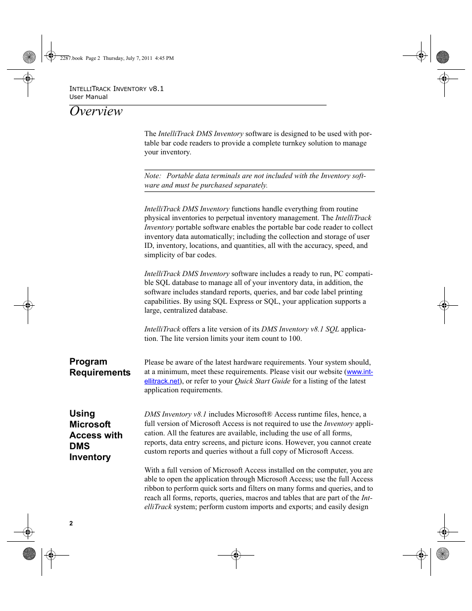 Overview, Program requirements, Using microsoft access with dms inventory | IntelliTrack Inventory Management User Manual | Page 28 / 366