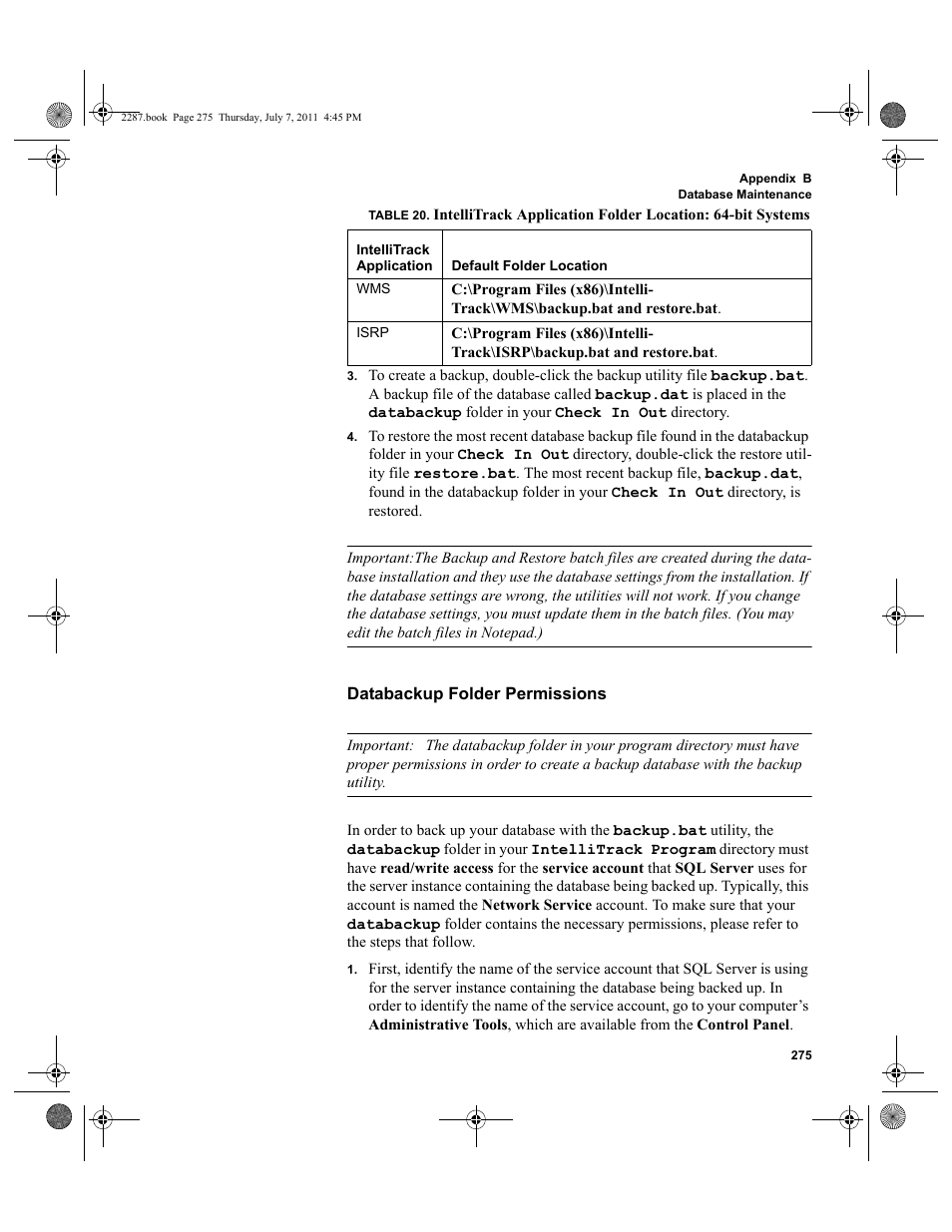 Databackup folder per | IntelliTrack Inventory Management User Manual | Page 301 / 366