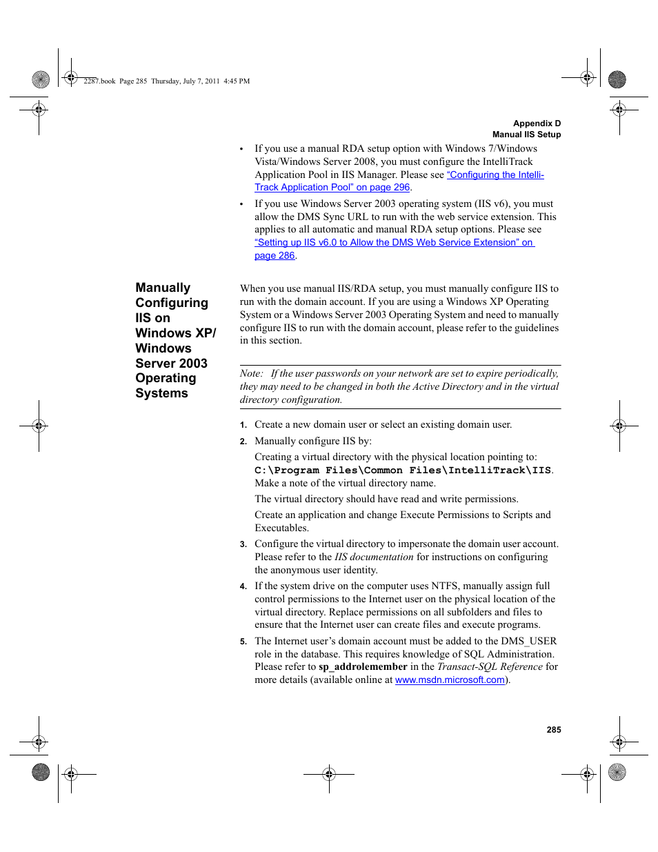 Manually configuring iis on windows xp, Windows server 2003 operating systems, Manu | Manually configuring iis on windows xp/windows, Server 2003 operating systems, R to, Manually configuring iis on win | IntelliTrack Inventory Management User Manual | Page 311 / 366