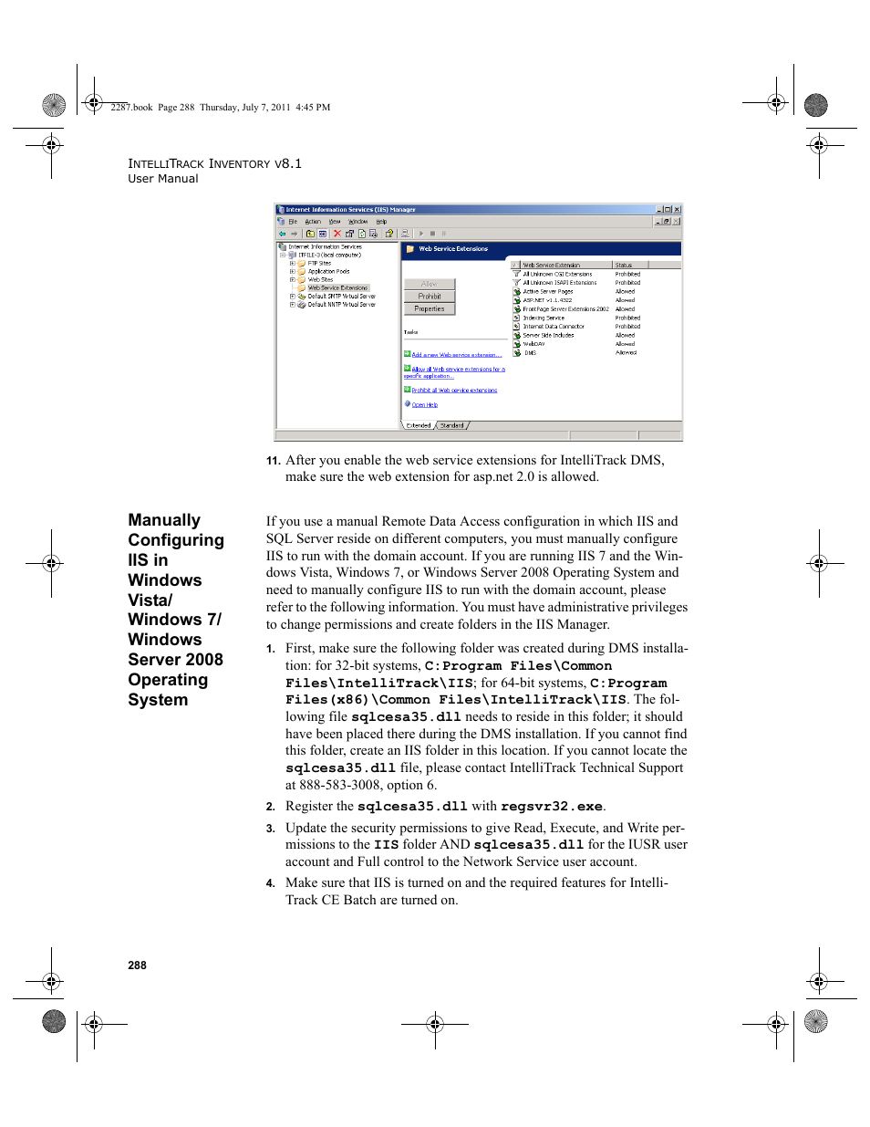 Windows server 2008 operating system, Manually configuring iis in windows vista, Manually configuring iis in windows vista/windows | 7/windows server 2008 operating system | IntelliTrack Inventory Management User Manual | Page 314 / 366