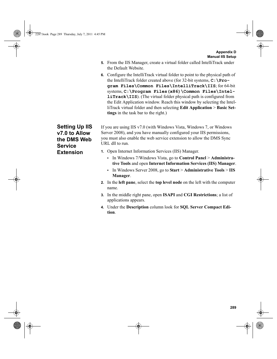 Setting up iis v7.0 to allow the dms web service, Extension | IntelliTrack Inventory Management User Manual | Page 315 / 366
