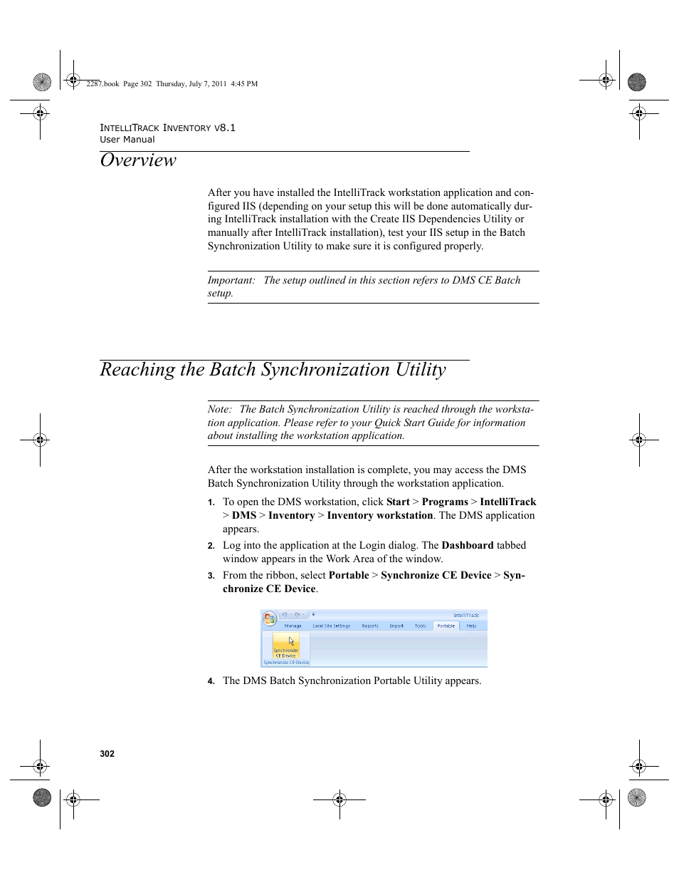 Overview, Reaching the batch synchronization utility | IntelliTrack Inventory Management User Manual | Page 328 / 366