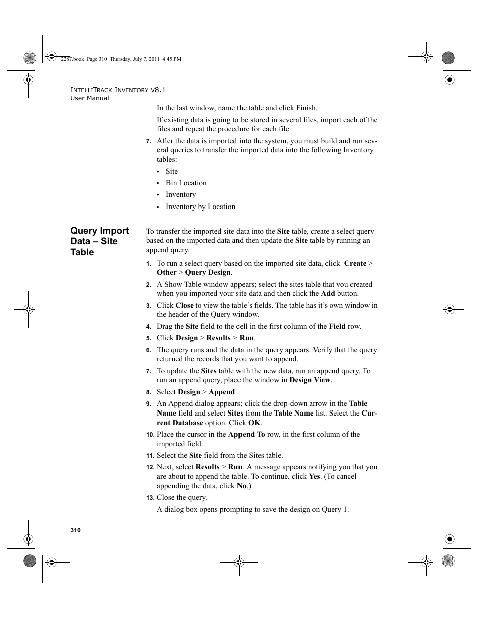 Query import data - site table, Query import data – site table | IntelliTrack Inventory Management User Manual | Page 336 / 366