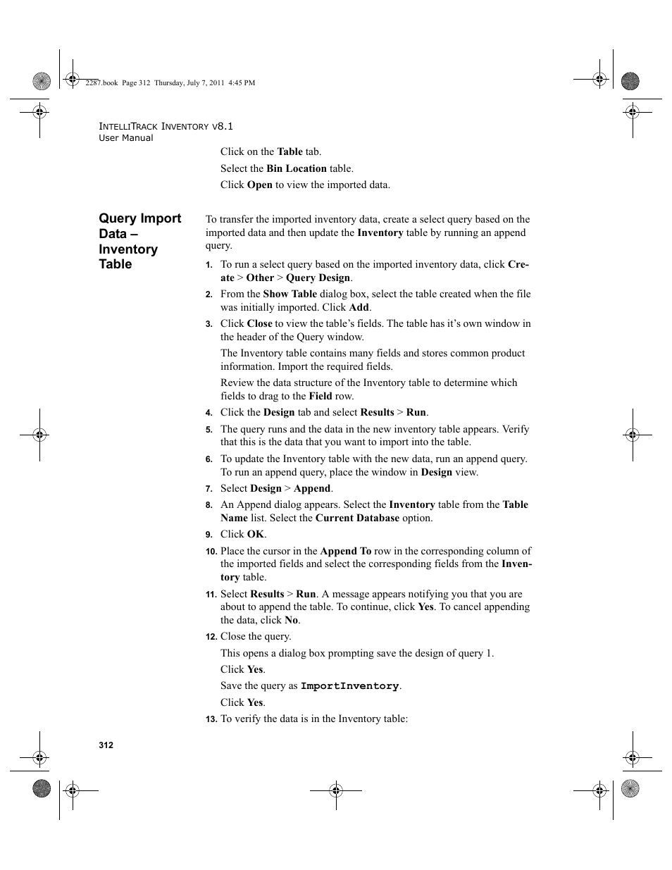 Query import data - inventory table, Query import data – inventory table | IntelliTrack Inventory Management User Manual | Page 338 / 366