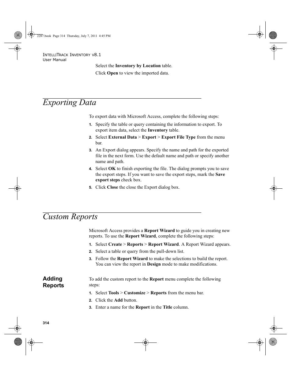 Exporting data, Custom reports, Adding reports | Exporting data custom reports, Fer to | IntelliTrack Inventory Management User Manual | Page 340 / 366