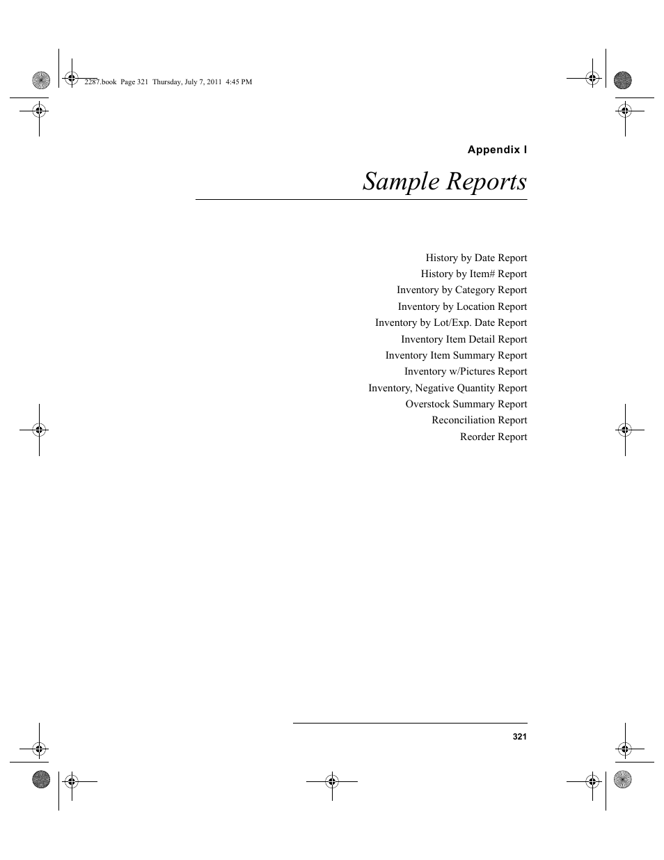 Appendix i, Sample reports, Appendix i: sample reports | See “sample reports | IntelliTrack Inventory Management User Manual | Page 347 / 366